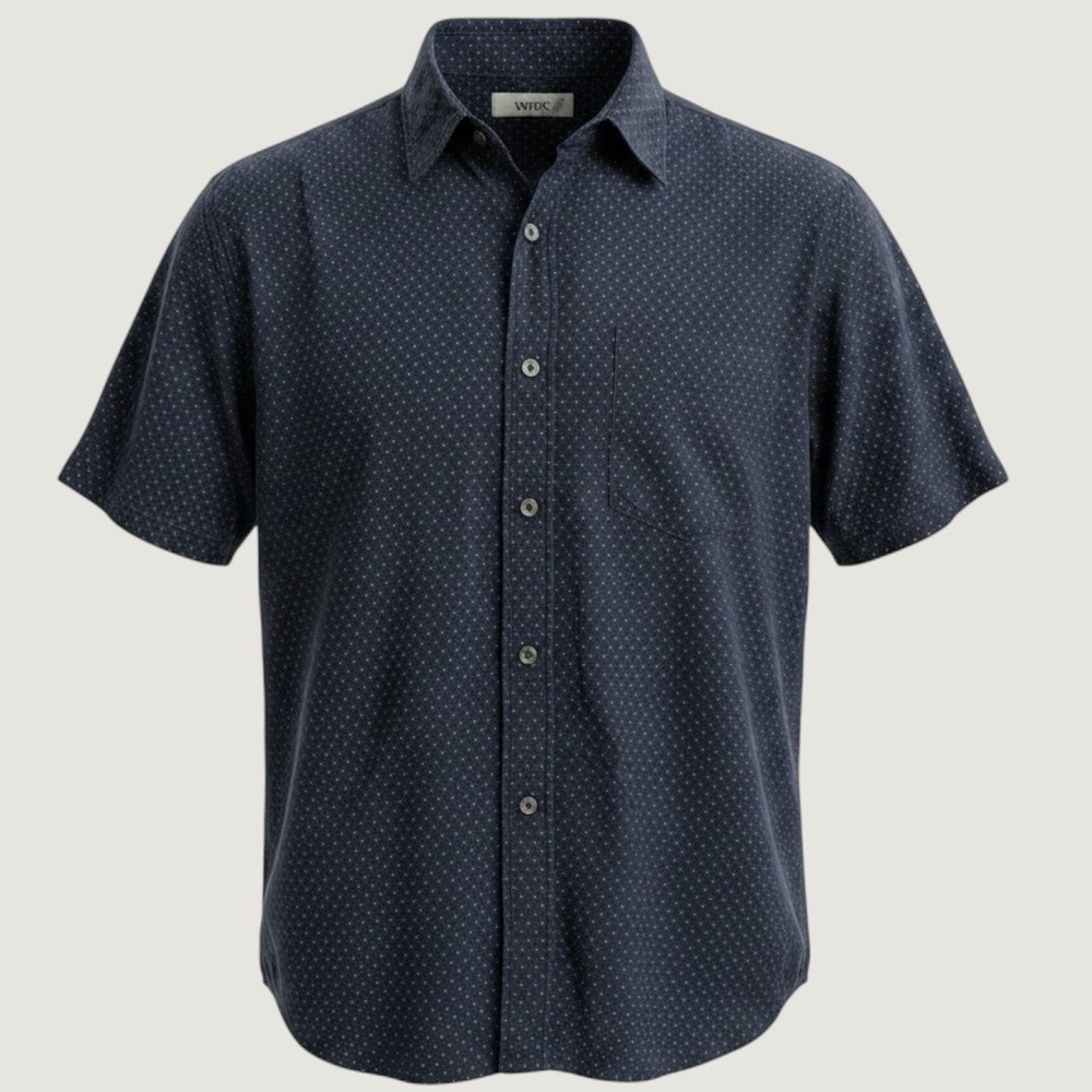 WRK The Reworked Shirt Mens Medium Navy Blue Lime Green Micro‎ Dot Short Sleeve